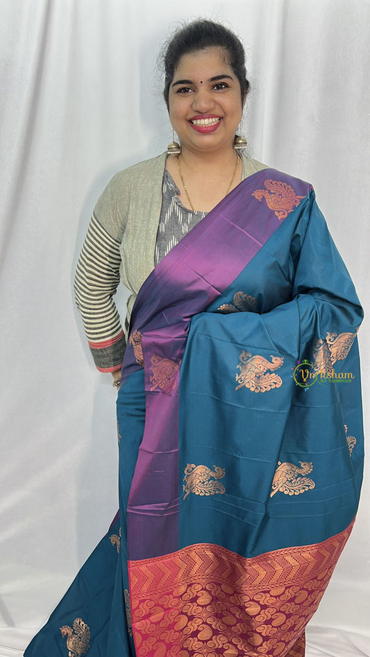 Turquoise Color with Self Design Border Semi Soft Silk Saree-VS4028