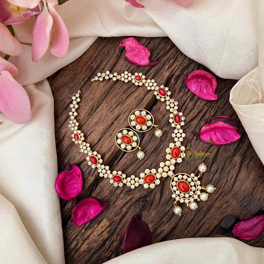 Vriksham Elegant Golden Floral Coral Short Neckpiece-White-Pearls-Small Size-G21844