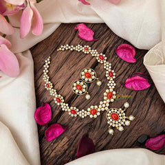 Vriksham Elegant Golden Floral Coral Short Neckpiece-White-Pearls-Small Size-G21844