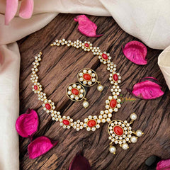 Vriksham Elegant Golden Floral Coral Short Neckpiece-White-Pearls-Small Size-G21844