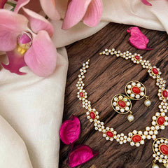 Vriksham Elegant Golden Floral Coral Short Neckpiece-White-Pearls-Small Size-G21844