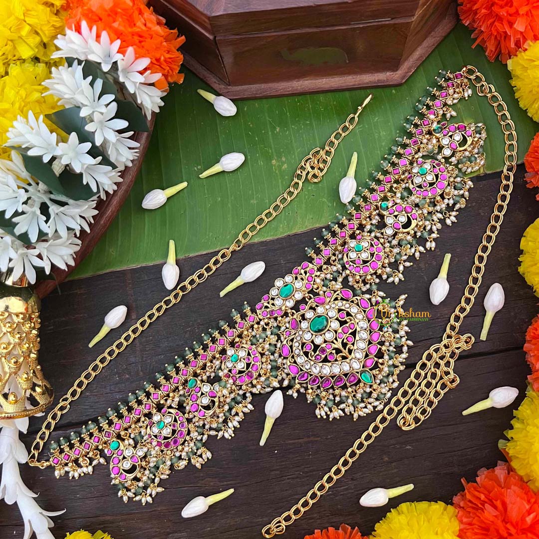 Vriksham Elegant Diya Style Design Kundan Jadau Guttapusalu Hip chain-Green Bead & Rice Pearls-J4046
