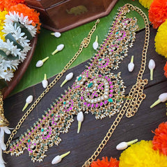 Vriksham Elegant Diya Style Design Kundan Jadau Guttapusalu Hip chain-Green Bead & Rice Pearls-J4046