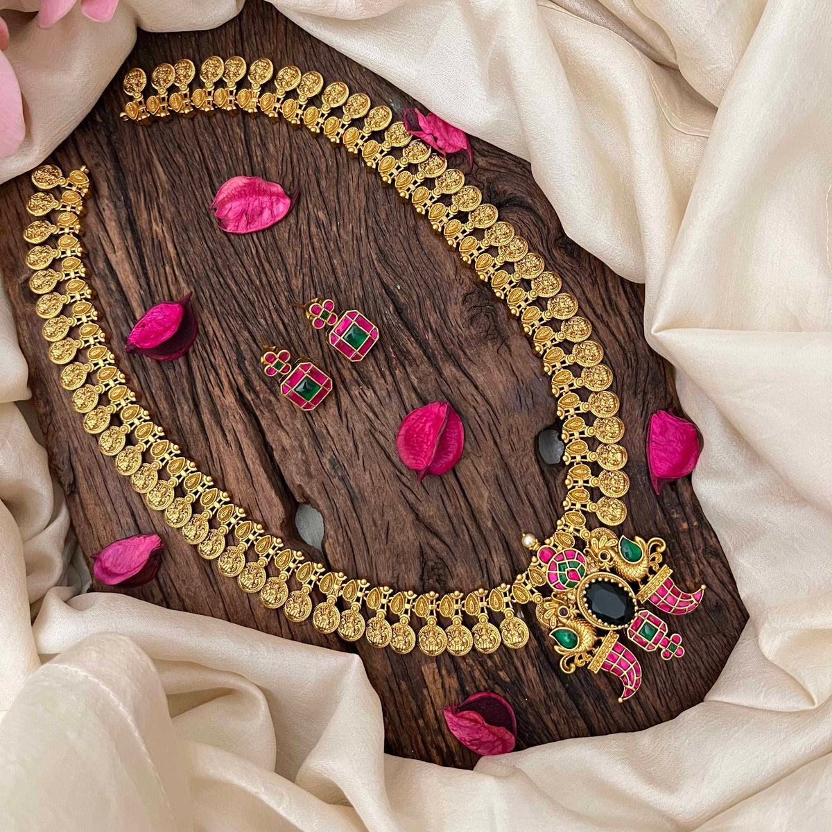 Vriksham Traditional Lakshmi Coin & Peacock Temple Long Neckpiece-J4204