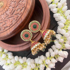 Vriksham Premium Look Jadau Kundan Jhumka-Red Green & White-Green Bead & Pearls-J4049