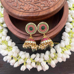 Vriksham Premium Look Jadau Kundan Jhumka-Red Green & White-Green Bead & Pearls-J4049