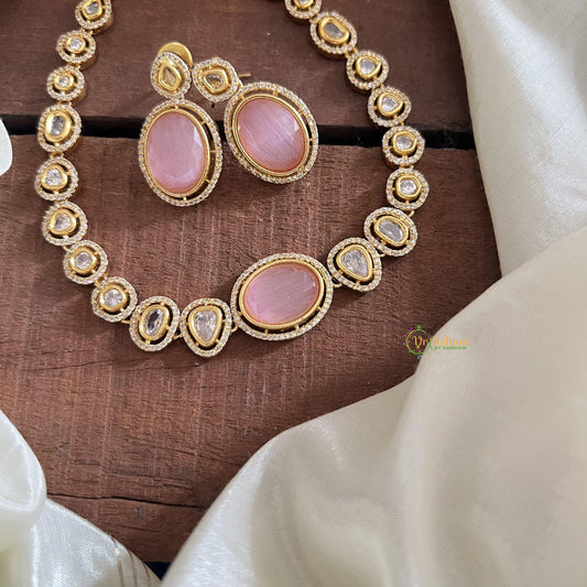 Trendy Baby Pink AD Stone Neckpiece-Oval-G14510