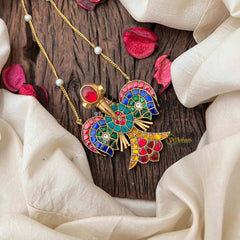 Vriksham Vibrant Navaratna-Style Gold Finish GandaBenda Multi Color Kundan Jadau With Delicate Pearl Chain Pendant Necklace-J4212