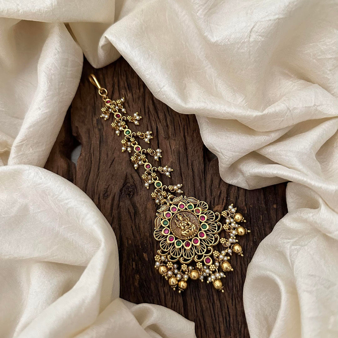 Premium Red Green Stone Lakshmi Maang Tikka-Gold Bead-Pearl-G13511