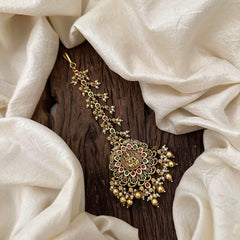Premium Red Green Stone Lakshmi Maang Tikka-Gold Bead-Pearl-G13511