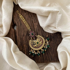 Red Green Stone Dual Peacock Maang Tikka-Green Bead-Pearl-G13513
