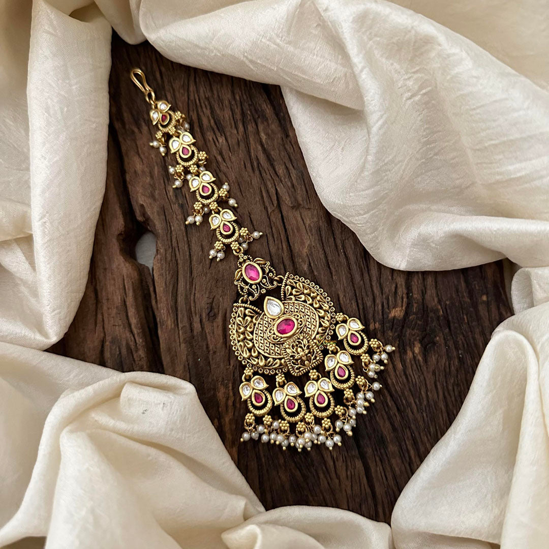 Designer Red White Stone Maang Tikka-Gold Bead-Pearl-G13508
