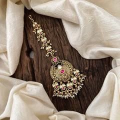Designer Red White Stone Maang Tikka-Gold Bead-Pearl-G13508