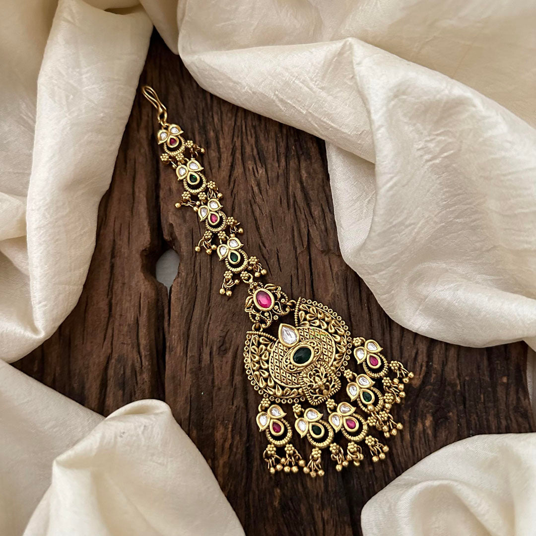 Designer Red Green White Stone Maang Tikka-Gold Bead-Pearl-G13509