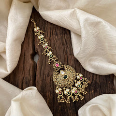 Designer Red Green White Stone Maang Tikka-Gold Bead-Pearl-G13509