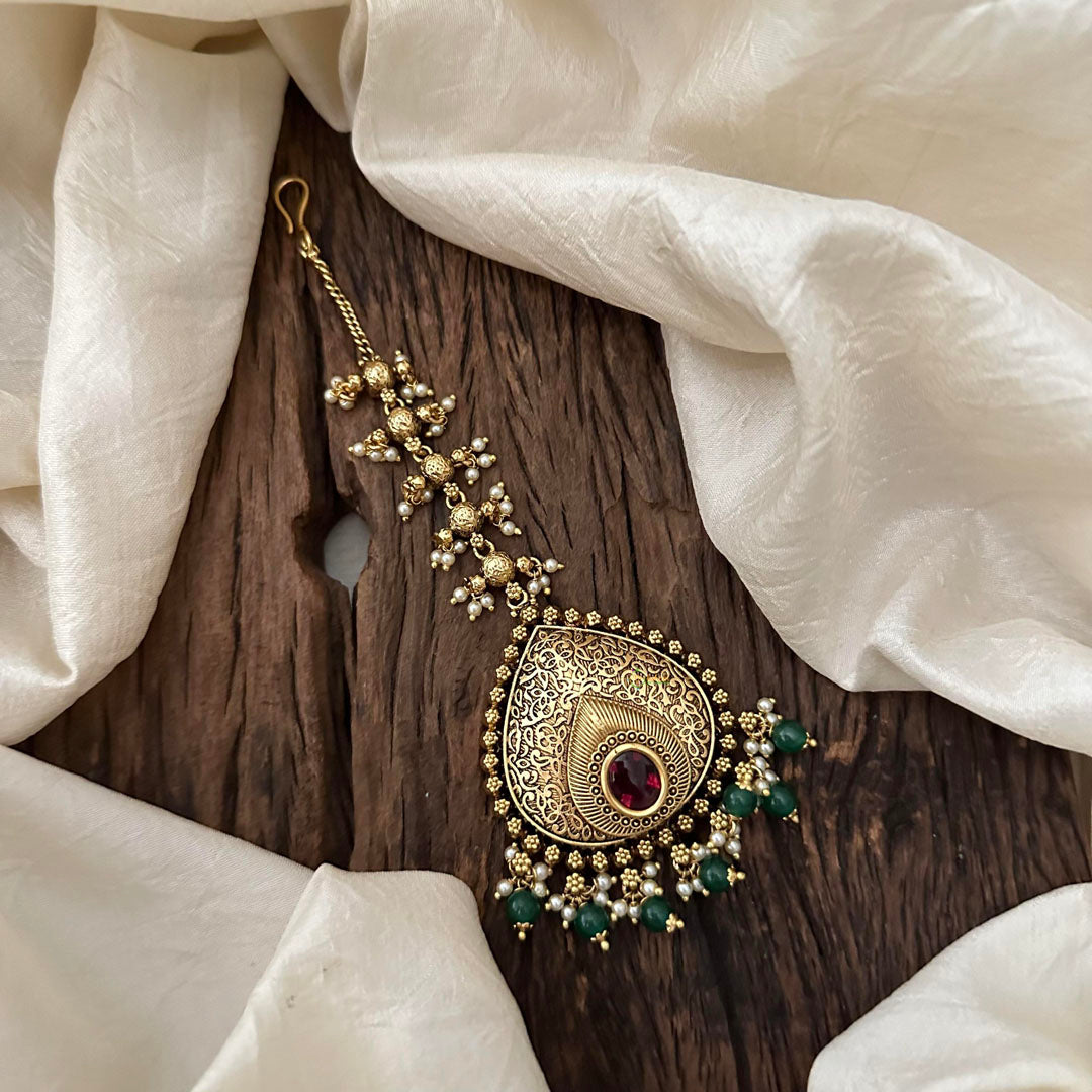 Tilak Style White AD Stone Maang Tikka-Gold Bead-Pearl-G13505