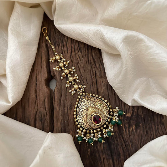 Tilak Style White AD Stone Maang Tikka-Gold Bead-Pearl-G13505