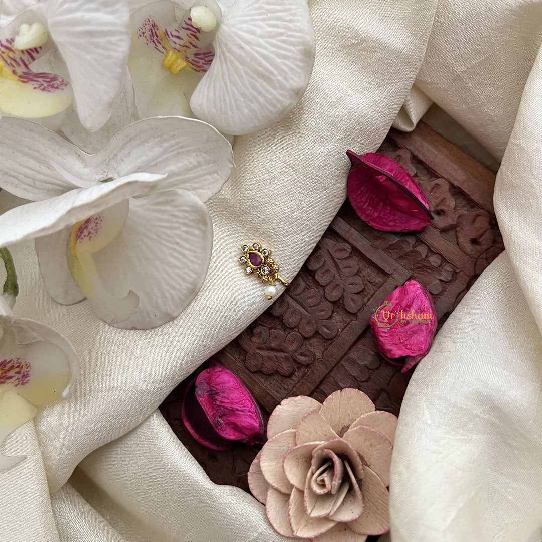 Vriksham Elegant Indian Nath Red & White Gemstone & Pearl Press Naths/Nose Pin-G19769