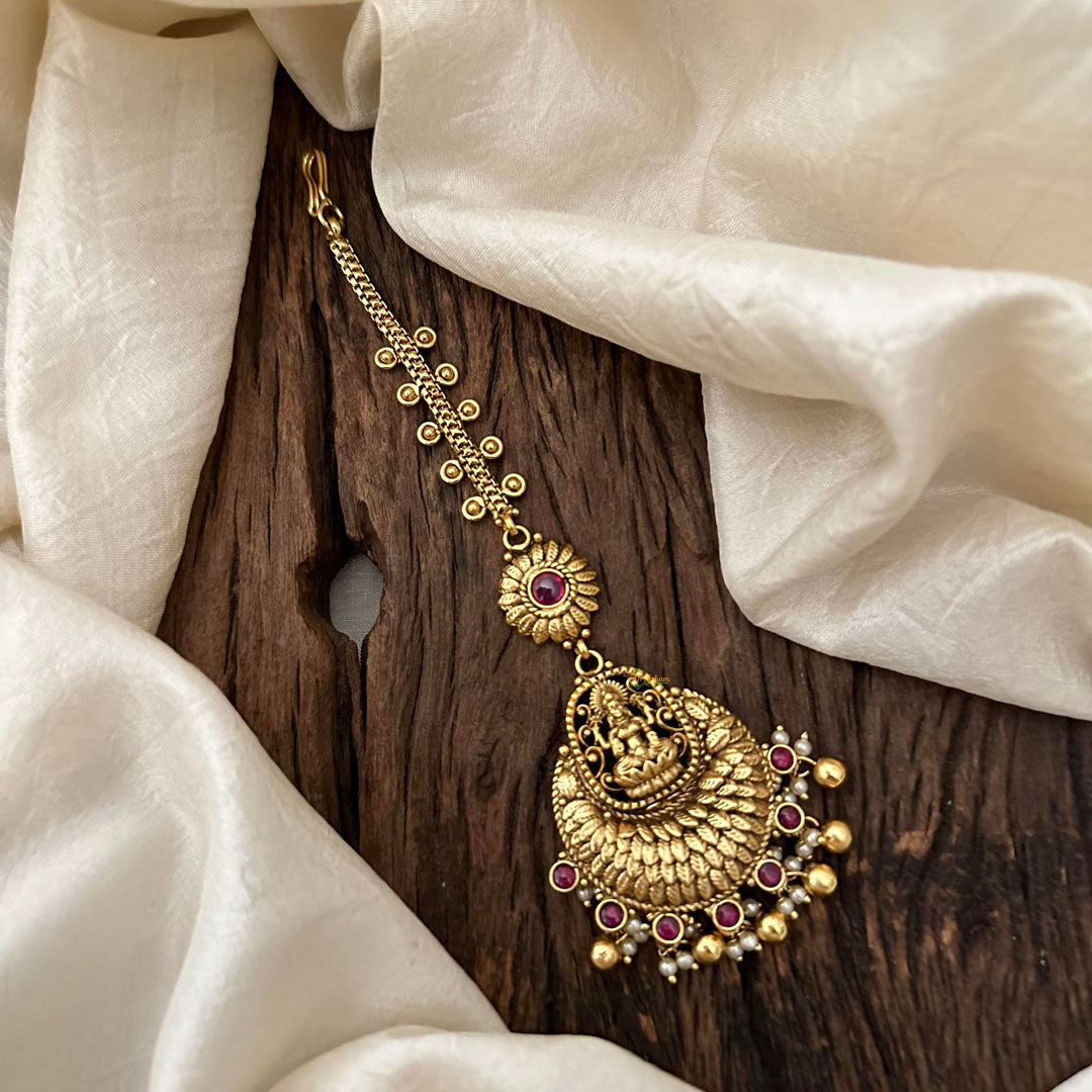 Antique Red Stone Lakshmi Maang Tikka-Gold Bead-Pearl-G13506