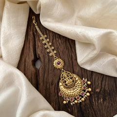 Antique Red Stone Lakshmi Maang Tikka-Gold Bead-Pearl-G13506