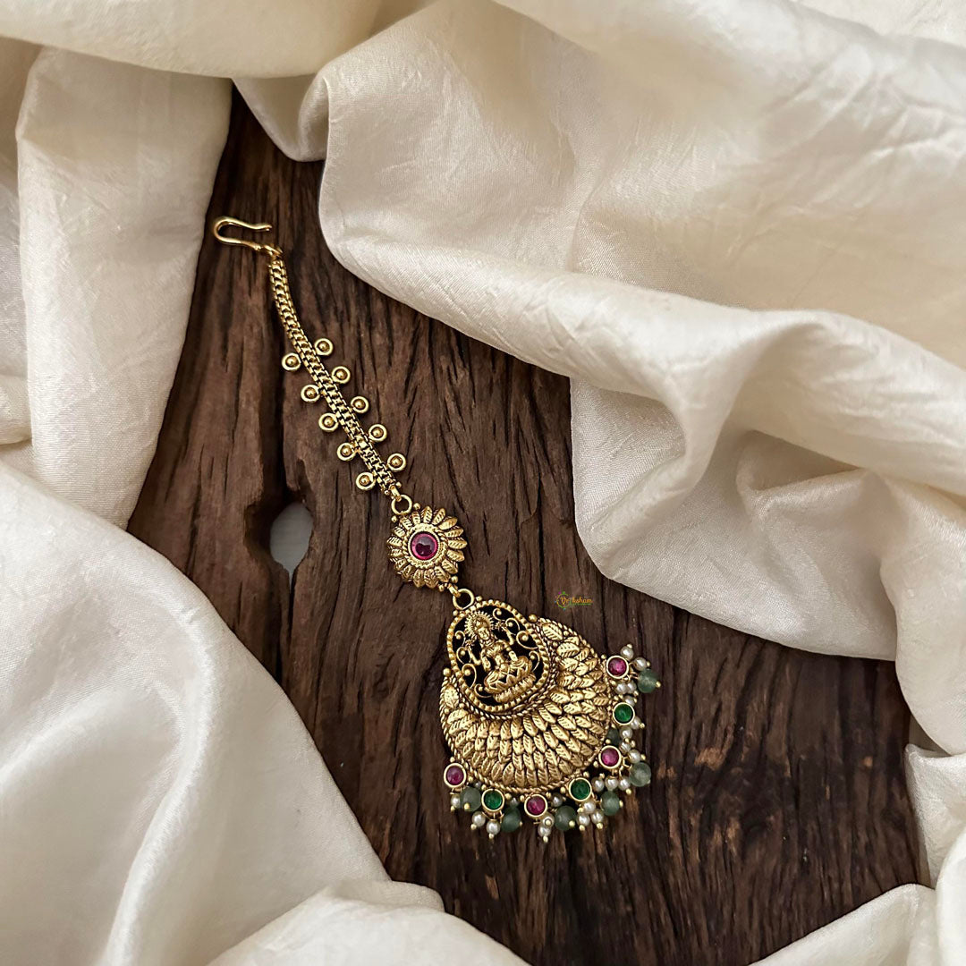 Antique Red Green Stone Lakshmi Maang Tikka-Aqua Green Bead-Pearl-G13507