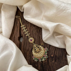 Antique Red Green Stone Lakshmi Maang Tikka-Aqua Green Bead-Pearl-G13507