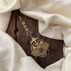 Gold Look Alike Lakshmi Maang Tikka-Gold Bead-Red Green-G13496
