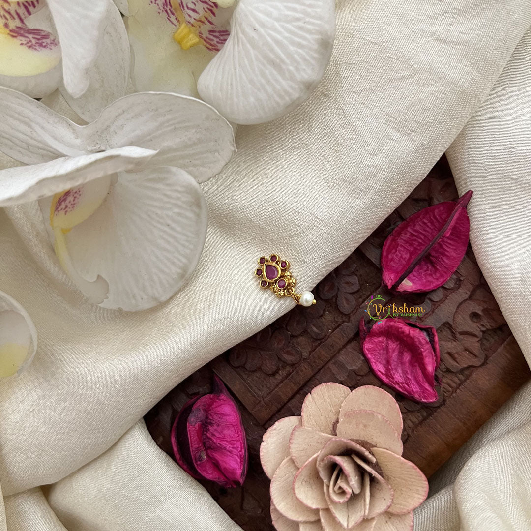 Vriksham Elegant Indian Nath Red Gemstone & Pearl Press Naths/Nose Pin-G19768