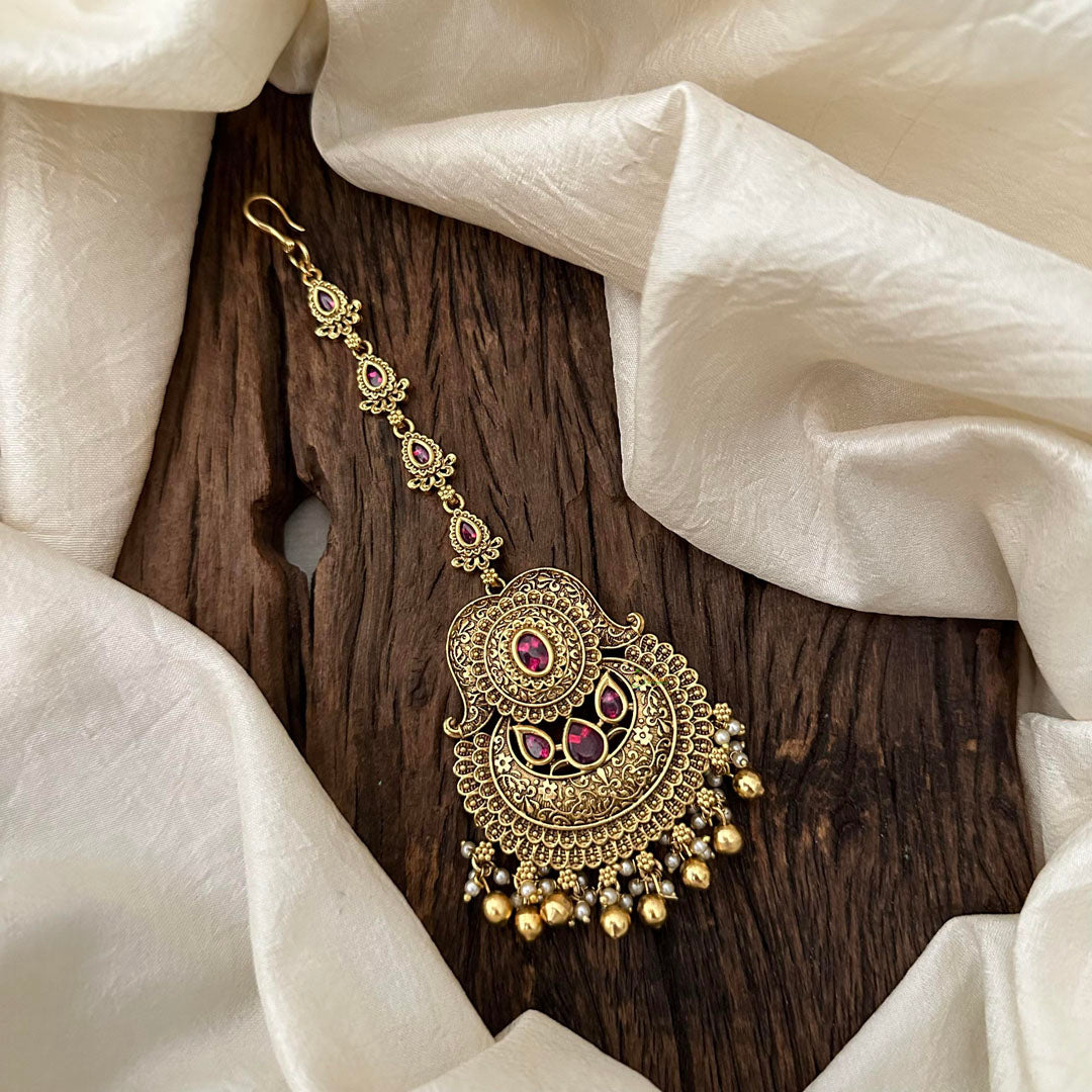 Stylish Red Stone Maang Tikka-Gold Bead-Pearl-G13498