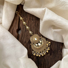 Stylish White Stone Maang Tikka-Gold Bead-Pearl-G13500