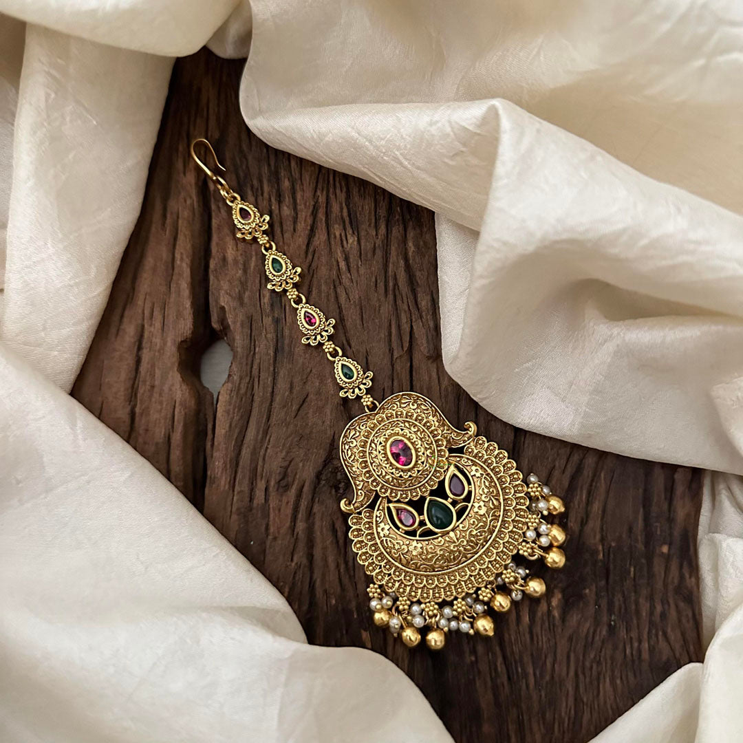 Stylish Red Green Stone Maang Tikka-Gold Bead-Pearl-G13499