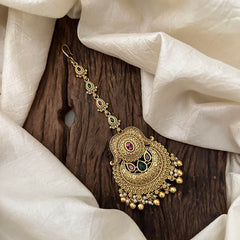Stylish Red Green Stone Maang Tikka-Gold Bead-Pearl-G13499
