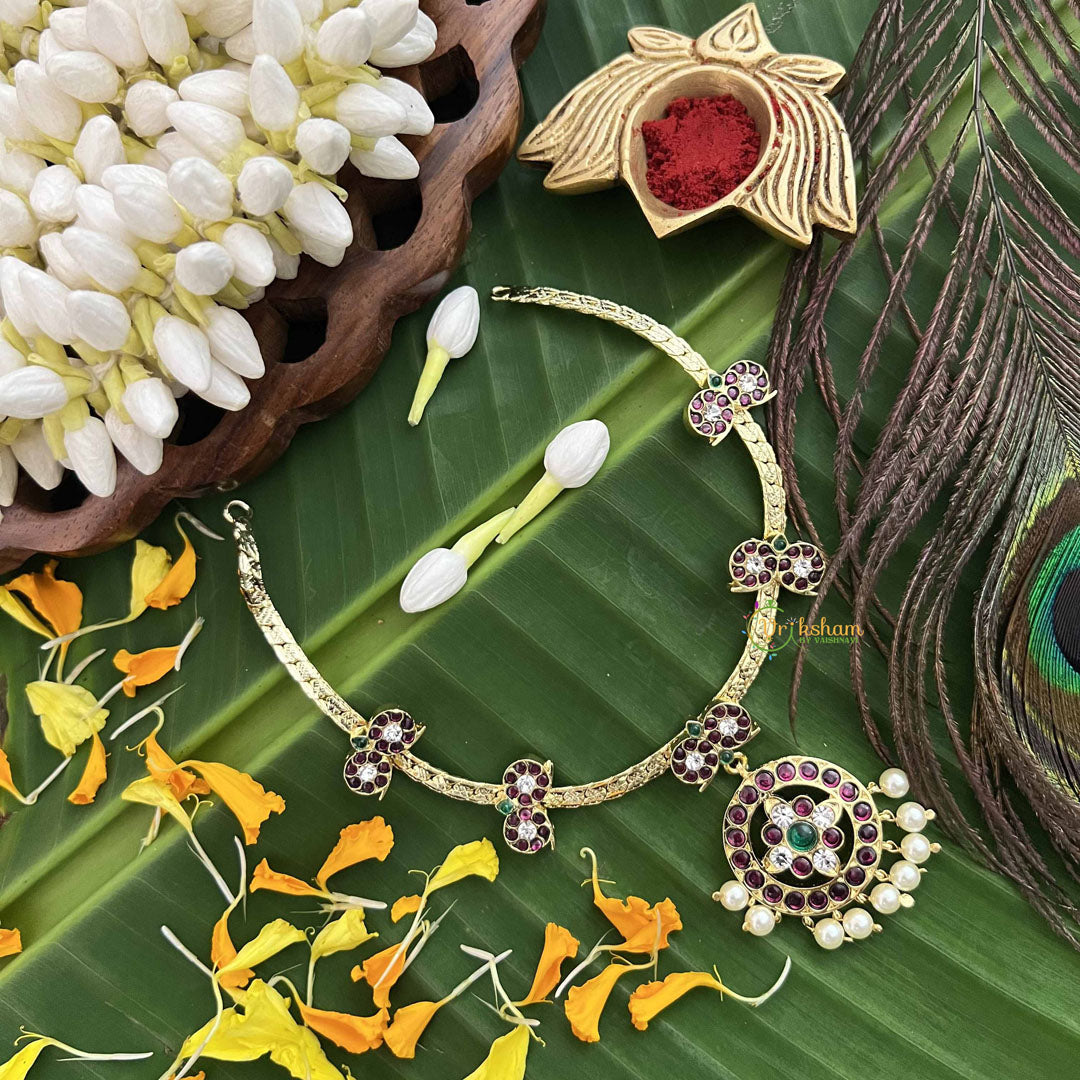 Vriksham Round Style & Manga Gold Look Precious Kemp With Pearl Attgai-Red Green-G20480
