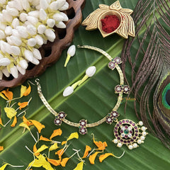 Vriksham Round Style & Manga Gold Look Precious Kemp With Pearl Attgai-Red Green-G20480