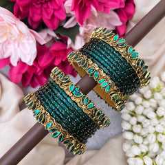 Vriksham Teal With Lotus Antique Gold Kemp Stone Accents Glass Bangles Set-G21748