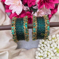 Vriksham Teal With Lotus Antique Gold Kemp Stone Accents Glass Bangles Set-G21748