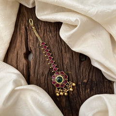 Floral Design Maang Tikka-Red Green-Gold Bead-G13514
