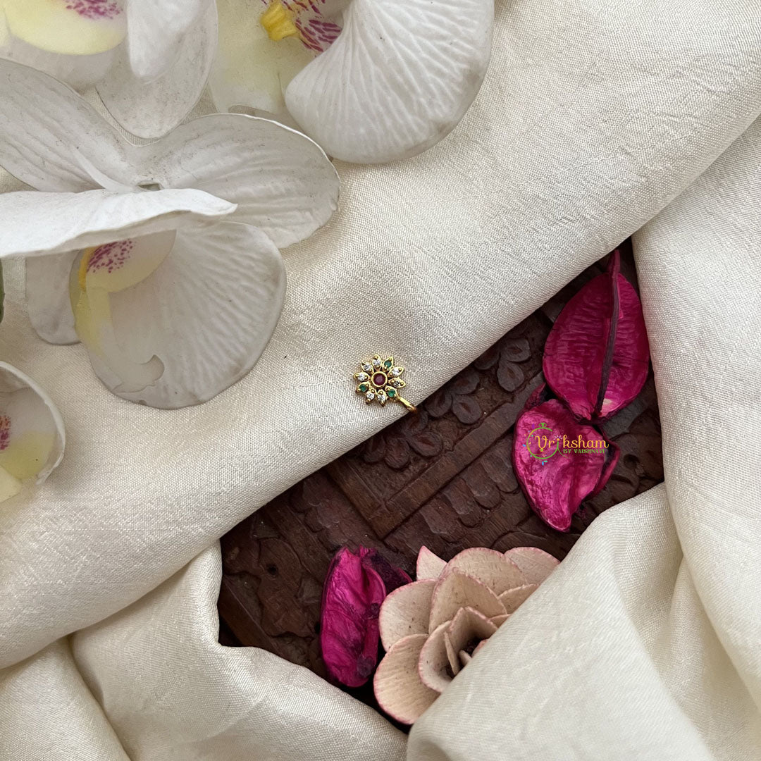 Vriksham Sun Floral Nath Red White & Green Gemstone & Pearl Press Naths/Nose Pin-G19776