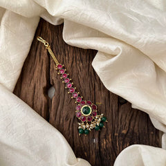 Floral Design Maang Tikka-Red Green-Green Bead-Pearl-G13515