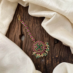 Premium Green Red Stone Floral Maang Tikka-Green Bead-Pearl-G13485