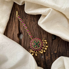 Premium Green Red Stone Floral Maang Tikka-Gold Bead-G13484