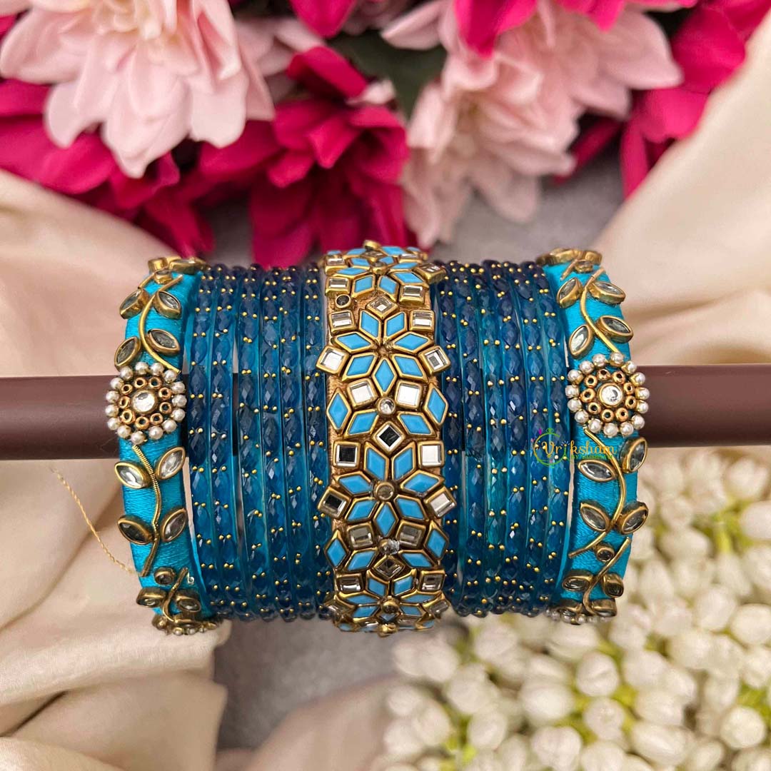 Vriksham Electric Turquoise & Cerulean Blue With Mirror Work Glass Bangles Set-G21749