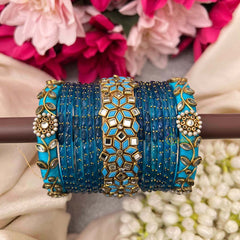 Vriksham Electric Turquoise & Cerulean Blue With Mirror Work Glass Bangles Set-G21749