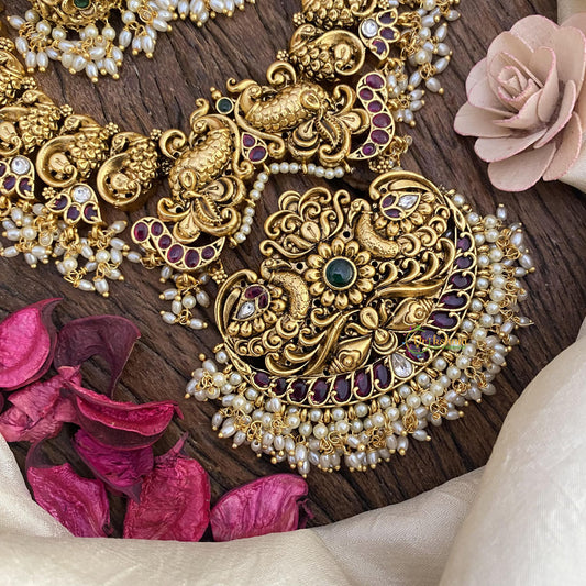 Premium Gold Look Alike Peacock Neckpiece-Rice Pearl-G15241