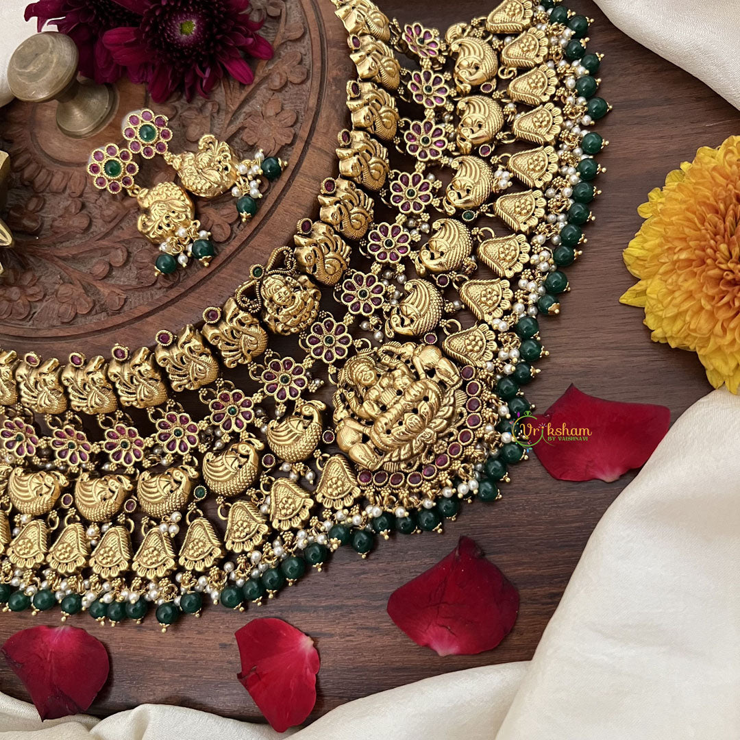 Vriksham Antique Gold Polish Peacock Lakshmi High Neck Choker-Green Bead-Pearl-G18913