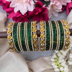 Vriksham Traditional Forest Green With White Crystal Accents & Matte Gold Flora Ganesh Glass Bangles Set-G21751