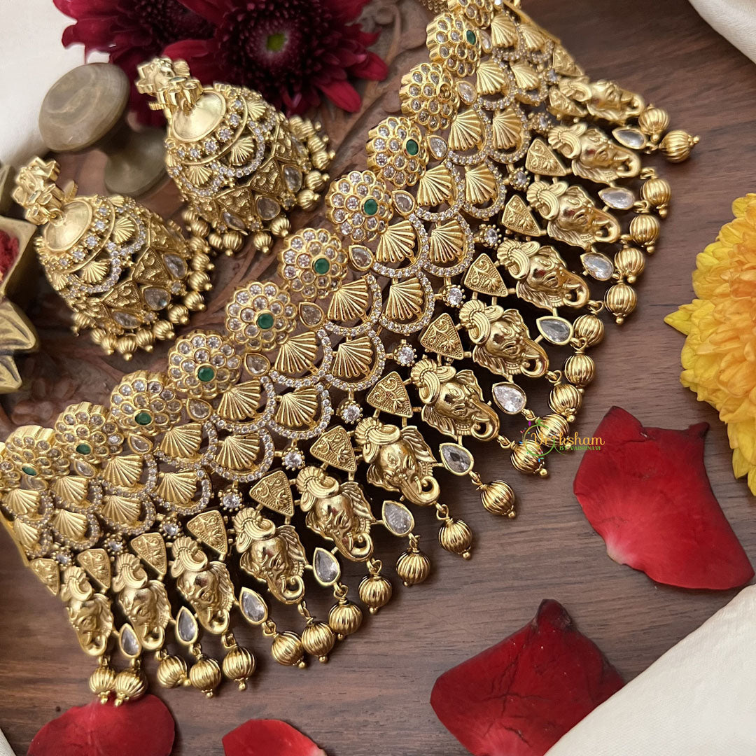 Vriksham Intricate Design AD Stone Traditional Indian High Neck-Gold Bead-G18908