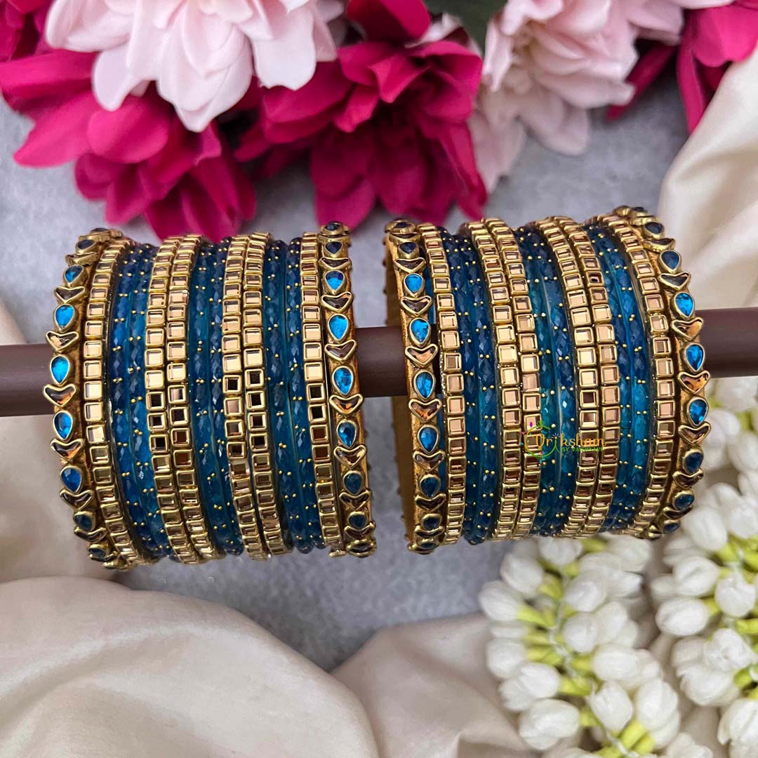 Vriksham Deep Blue Glass Bangle Set with Square-Cut Gold Glass Bangles Set-G21754