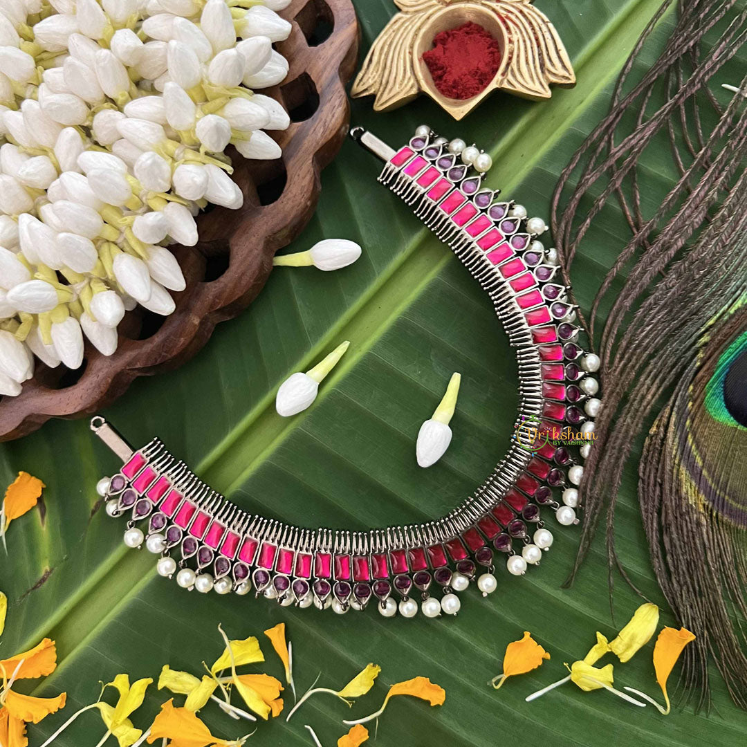 Vriksham Royal Radiances Statement Precious Kemp With Pearl Choker Neckpiece-Pink Red-G20473