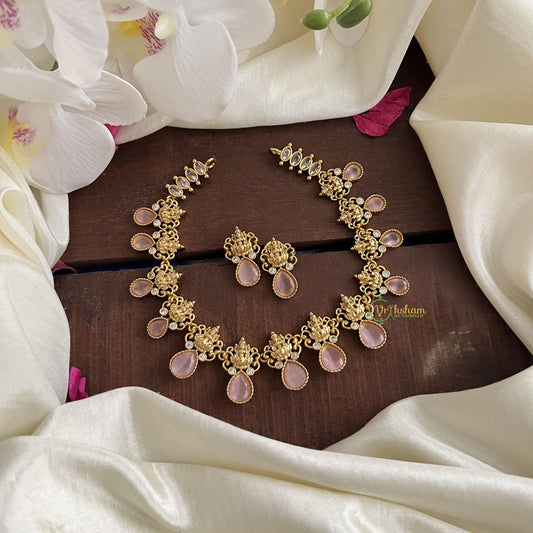 Premium Pastel Pink AD Stone Lakshmi Neckpiece-Tear Drop-G14542